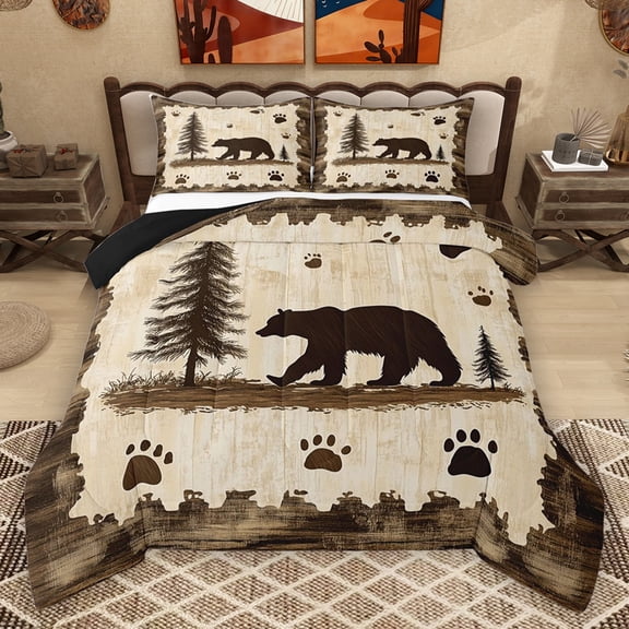Homewish Woodland Animal Bear Bedding Comforter Set,Kawaii Bear Paws Twin Comforter Sets,Brown Beige Bedding Set For Kids,Microfiber Bedroom Decor Reversible,2-Piece