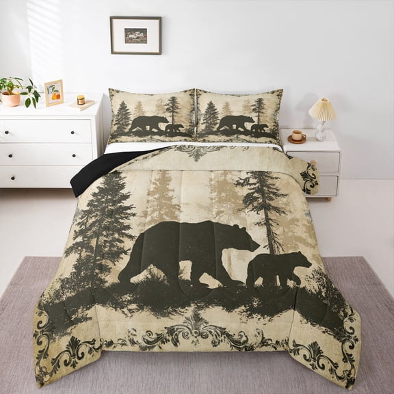 Homewish Woodland Animal Bear Bedding Comforter Set,Rustic Farmhouse Cabin Twin Comforter Sets,Beige Green Bedding Set For Men Women,Super Cozy Room Decor Reversible,2 Pieces