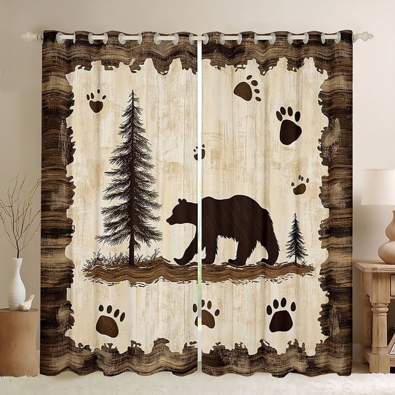 Homewish Woodland Animal Bear Black Out Curtains,Kawaii Bear Paws Curtains Pack of 2 (42x63 Each),Brown Beige Bedroom Curtains For Kids,Microfiber Bedroom Decor