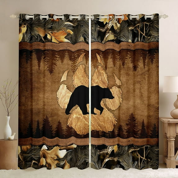 Homewish Woodland Animal Bear Black Out Curtains,Rustic Farmhouse Cabin Curtains Pack of 2 (42x63 Each),Rustic Botanical Leaf Bedroom Curtains For Men Women,Super Cozy Room Decor