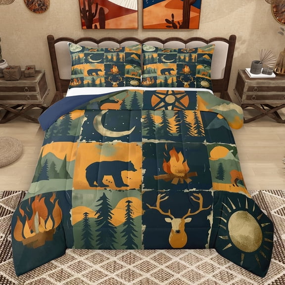 Homewish Woodland Animal Bear Queen Comforter Set,Rustic Deer Skull Bedding Sets,Happy Camping Bedding Comforter Set For Kids,Microfiber Bedroom Decor Reversible,3pcs