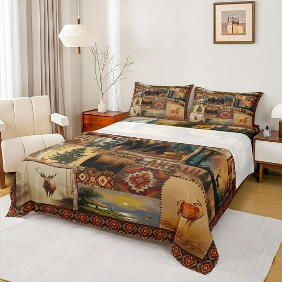 Homewish Woodland Animal Bear Queen Sheet Sets,Rustic Western Aztec Flat Sheet,Country Farmhouse Lodge Queen Fitted Sheet For Boys Teens,Ultra Soft Home Decor,4pcs