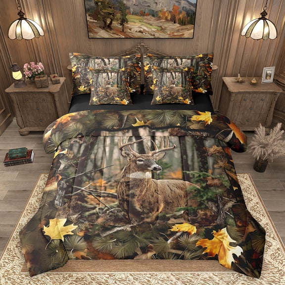 Homewish Woodland Animal Deer 7-Piece Twin Bedding Sets,Rustic Autumn Leaves Bedding Comforter Set,Green Brown Sheet Sets For Men Women,Super Cozy Room Decor Reversible