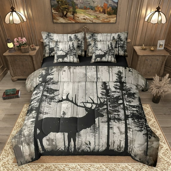 Homewish Woodland Animal Deer 7-Piece Twin Bedding Sets,Rustic Farmhouse Cabin Bedding Comforter Set,Old Wooden Board Sheet Sets For Men Women,Super Cozy Room Decor Reversible