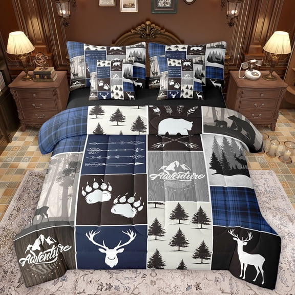 Homewish Woodland Animal Deer 7-Piece Twin Bedding Sets,Rustic Outdoor Adventure Bedding Comforter Set,Patchwork Geometric Checkered Sheet Sets For Teens,Ultra Soft Home Decor Reversible