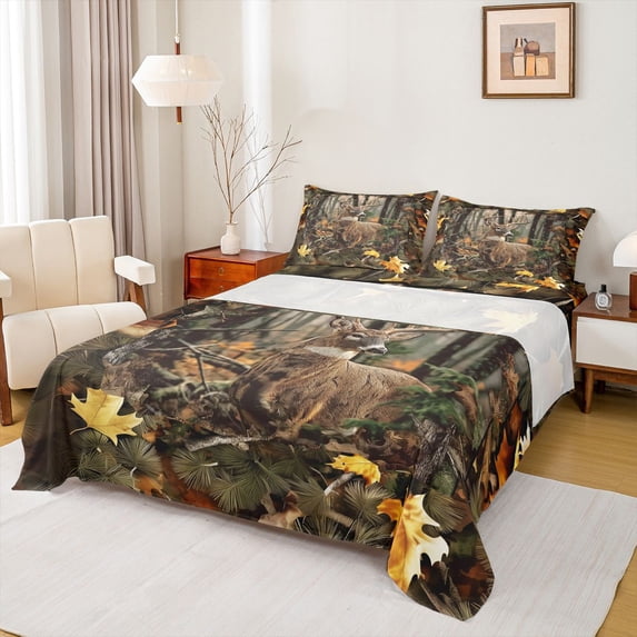 Homewish Woodland Animal Deer Bed Sheets,Rustic Autumn Leaves King Sheets,Green Brown Sheet Set For Men Women,Super Cozy Room Decor,4-Piece