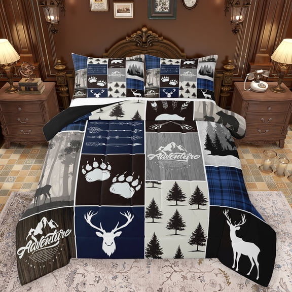 Homewish Woodland Animal Deer Bedding Comforter Set,Rustic Outdoor Adventure Twin Comforter Sets,Patchwork Geometric Checkered Bedding Set For Teens,Ultra Soft Home Decor Reversible,2 Pieces