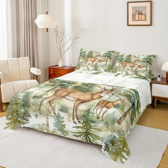 Homewish Woodland Animal Deer Full Size Sheets,Rustic Farmhouse Cabin Bed Sheets,Green Plant Sheet Sets For Boys Girls,Breathable Home Decor,4pcs