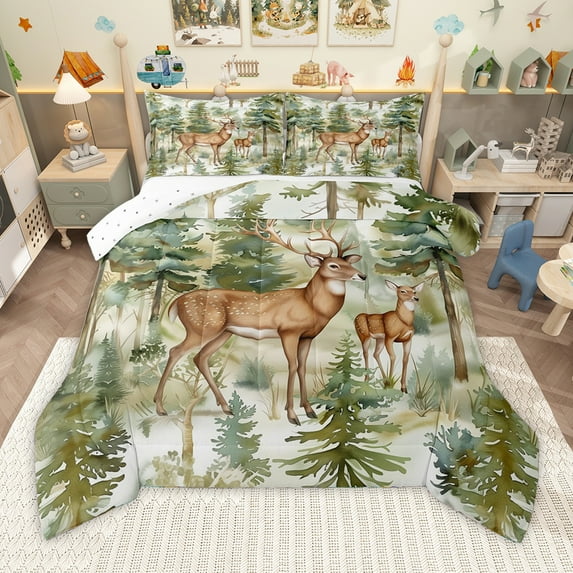 Homewish Woodland Animal Deer Queen Comforter Set,Rustic Farmhouse Cabin Bedding Sets,Green Plant Bedding Comforter Set For Boys Girls,Breathable Home Decor Reversible,3-Piece