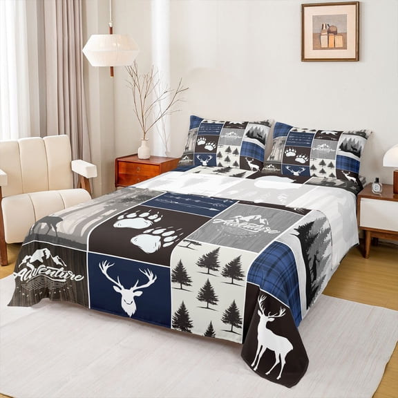 Homewish Woodland Animal Deer Twin Sheet Sets,Rustic Outdoor Adventure Twin Fitted Sheet,Patchwork Geometric Checkered Flat Sheet For Teens,Ultra Soft Home Decor,3 Pieces