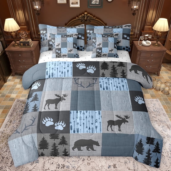 Homewish Woodland Animal Moose 7-Piece Twin Bedding Sets,Country Farmhouse Bear Bedding Comforter Set,Gray Blue Checkered Sheet Sets For Kids,Breathable Home Decor Reversible