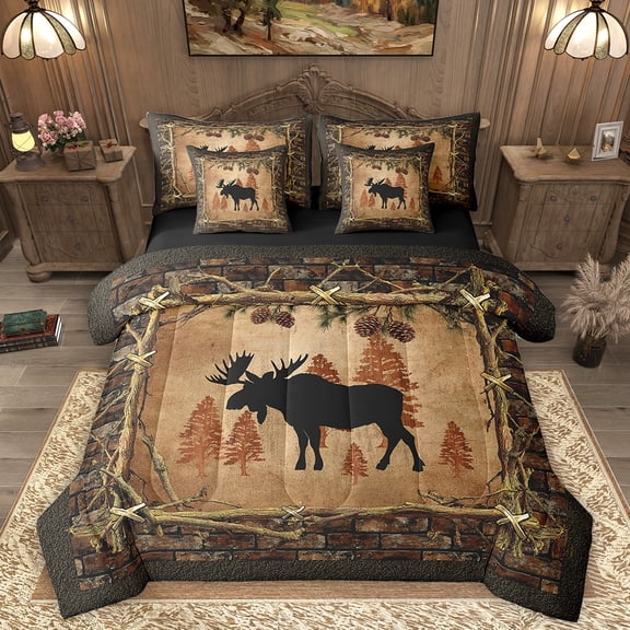 Homewish Woodland Animal Moose 7pcs Bedding Comforter Set,Brown Pine Cone Queen Bedding Sets,Country Farmhouse Lodge Queen Sheet Sets For Boys Teens,Ultra Soft Home Decor Reversible
