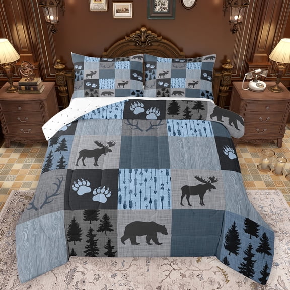 Homewish Woodland Animal Moose Bedding Comforter Set,Country Farmhouse Bear Twin Comforter Sets,Gray Blue Checkered Bedding Set For Kids,Breathable Home Decor Reversible,2pcs