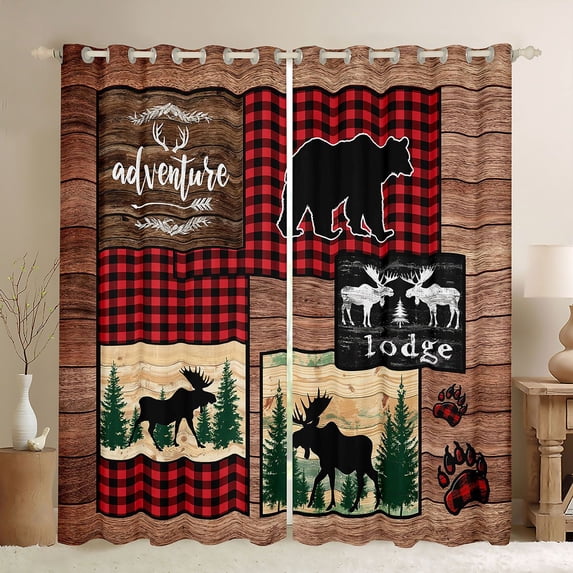 Homewish Woodland Animal Moose Black Out Curtains,Rustic Farmhouse Cabin Curtains Pack of 2 (42x63 Each),Old Barn Door Bedroom Curtains For Boys Teens,Super Cozy Room Decor