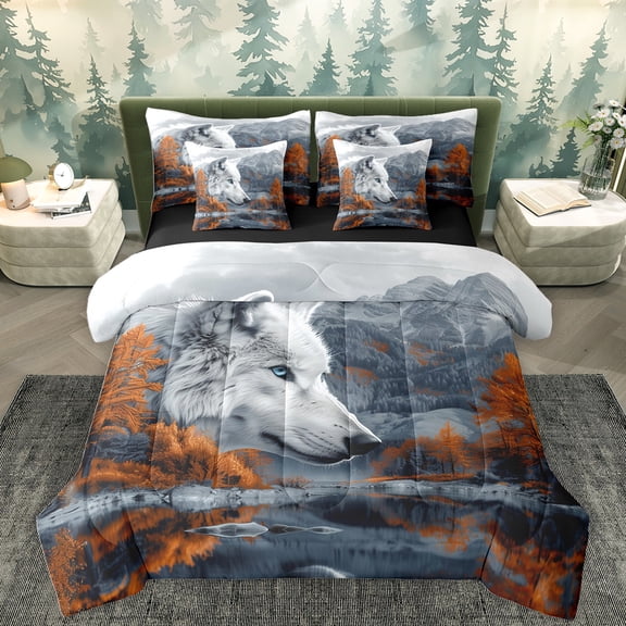 Homewish Woodland Animal Wolves 7-Piece Twin Bedding Sets,Natural Scenery Bedding Comforter Set,White Brown Gray Sheet Sets For Kids,Microfiber Bedroom Decor Reversible