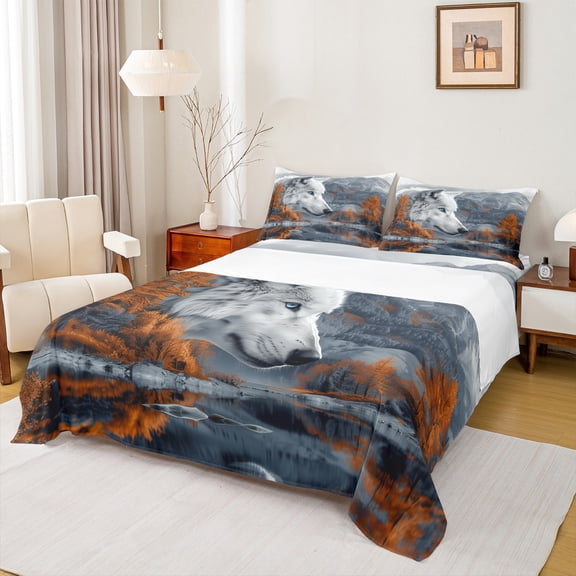 Homewish Woodland Animal Wolves Queen Sheet Sets,Natural Scenery Flat Sheet,White Brown Gray Queen Fitted Sheet For Kids,Microfiber Bedroom Decor,4pcs