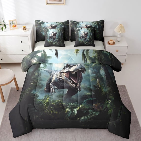 Homewish Woodland Dino 7-Piece King Bedding,Jungle Wildlife King Bed in a Bag,Green,Light Gray Reversible