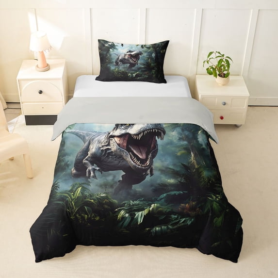 Homewish Woodland Dino Twin Duvet Cover,Jungle Wildlife Twin Bedding,Green,Light Gray Reversible,2pcs,1 Duvet Cover and 1 Pillowcase