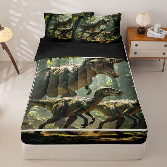 Homewish Woodland Dinosaur Zipper Twin Comforter Sets with Fitted Sheet and 2 Pillowcases,Jungle Animals Zipper Bedding Set,Green,Black Reversible,4pcs