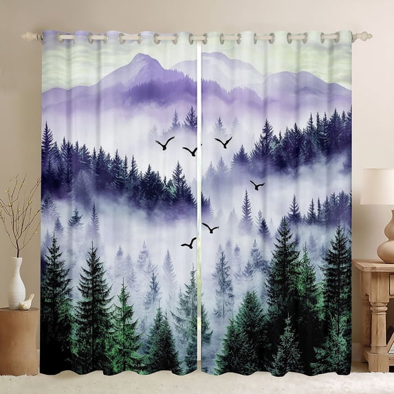 Homewish Woodland Pine Tree Black Out Curtains for Men, Nature Landscape Curtains Pack of 2 (42x63 Each), Purple Rustic Farmhouse Bedroom Curtains, Curtains and Drapes Bedroom Decor