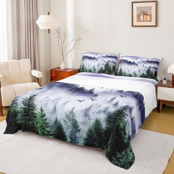 Homewish Woodland Pine Tree Full Size Sheets for Men, Nature Landscape Bed Sheets, Purple Rustic Farmhouse Sheet Sets, Microfiber Bedroom Decor, 4 Pieces