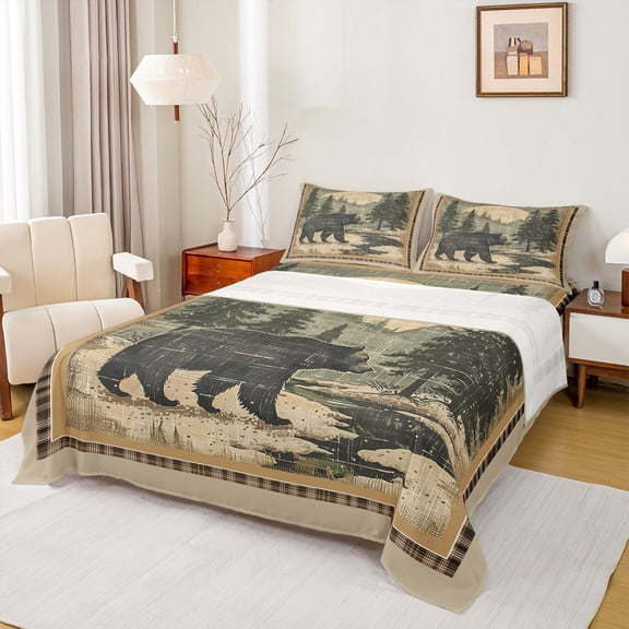 Homewish Woodland Wildlife Bear Queen 4-Piece Sheet Set For Boys Girls, Vintage Retro Aesthetic Ultra Soft Flat Sheet, Jungle Animal Queen Fitted Sheet, Lightweight Room Decor