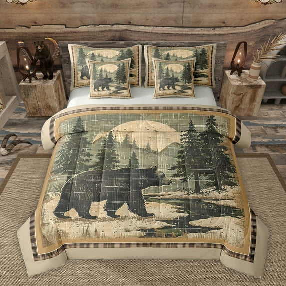 Homewish Woodland Wildlife Bear Twin Bedding Sets 7-Piece for Boys Girls,Vintage Retro Aesthetic Bedding Comforter Set Microfiber,Jungle Animal Breathable Sheet Sets,Lightweight Room Decor