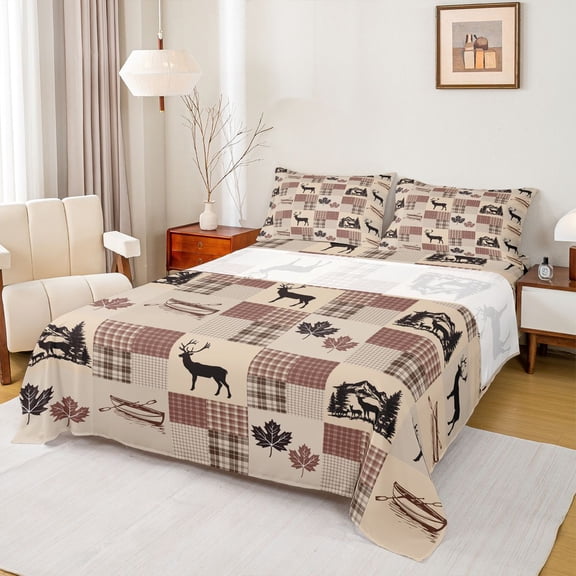 Homewish Woodland Wildlife Deer Twin Sheet Sets 3pcs for Kids Teens Adults,Maple Leaves Twin Fitted Sheet Microfiber,Geometric Plaid Grid Breathable Flat Sheet,Ultra Soft Home Decor