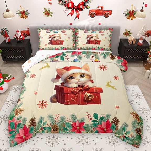 Homewish Xmas Cat Kitten Queen Comforter Set, Vintage Christmas Gifts Snowflake Bedding Sets, Poinsettia Flower Plant Reversible Bedding Comforter Set, Breathable Home Decor, 3pcs