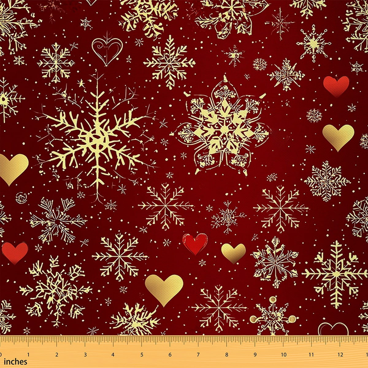 Homewish Xmas Christmas Snowflake Fabric by the Yard 1 Yard,Cartoon Heart Print Home Decor Fabric by the Yard,Gold Red Sewing Fabric For Girls Kids,Ultra Soft Home Decor