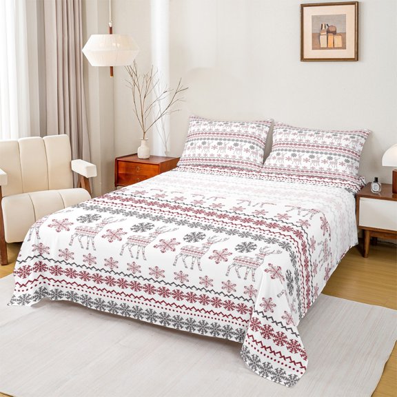 Homewish Xmas Deer Snowflake 4 Pieces Queen Sheet Sets for Kids Children,Abstract Geometric Ultra Soft Flat Sheet,Merry Christmas Queen Fitted Sheet,Microfiber Bedroom Decor