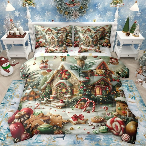 Homewish Xmas Gingerbread Man 7-Piece Twin Bedding Sets For Teens Boys Girls,Colorful Candy Cane Bedding Comforter Set,Merry Christmas Breathable Sheet Sets,Ultra Soft Home Decor,Reversible