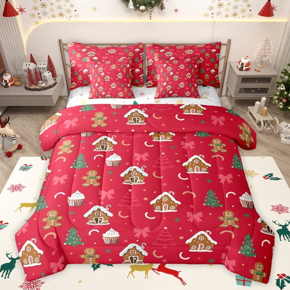 Homewish Xmas Gingerbread Man Bedding Comforter Set 7pcs, Cartoon Christmas Cabin King Bedding Sets, Teens Kids Boys Girls Reversible Bed Sheets, Luxury Bedroom Decor