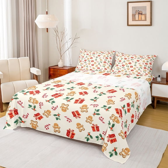 Homewish Xmas Gingerbread Man Full Size Sheets,Kids Christmas Gifts Bed Sheets,Red Green Beige Sheet Sets For Girls Boys Kids,Super Cozy Room Decor,4pcs