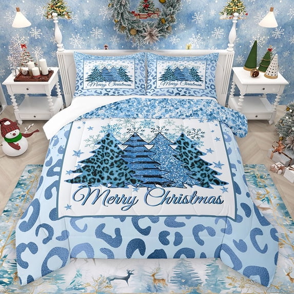 Homewish Xmas Glitter Tree 2pcs Bedding Comforter Set for Female Men,Merry Christmas Twin Comforter Sets,Leopard Cheetah Print Breathable Bedding Set,Luxury Bedroom Decor