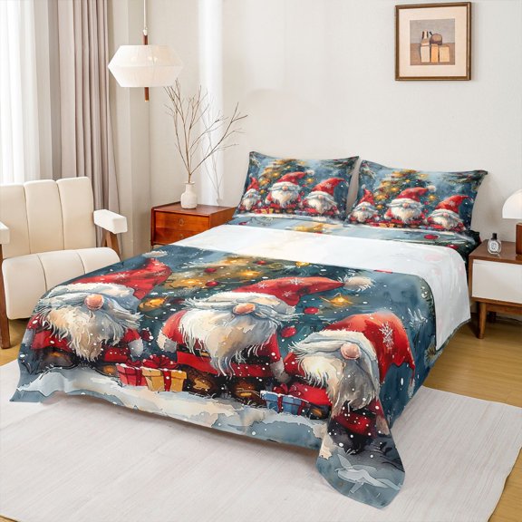 Homewish Xmas Gnome 3pcs Twin Sheet Sets For Teens Boys Girls,Happy New Year Twin Fitted Sheet,Merry Christmas Breathable Flat Sheet,Ultra Soft Home Decor