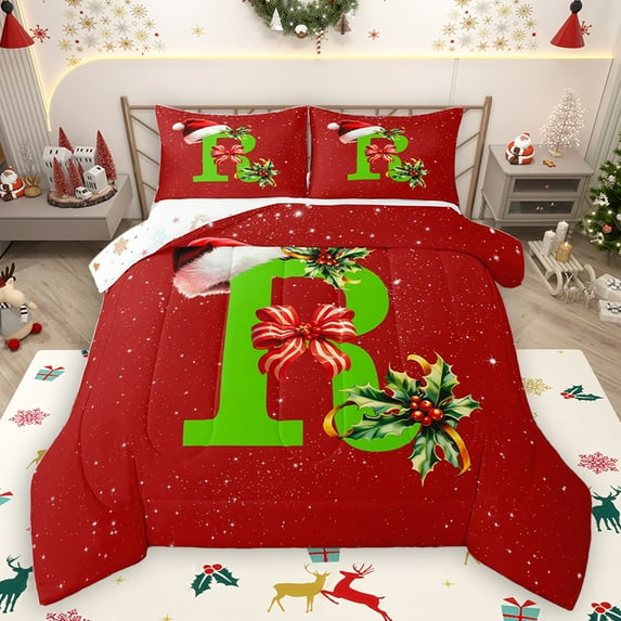 Homewish Xmas Kawaii Letter R Queen Comforter Set for Teens, Merry Christmas Bedding Sets, Fairy Tale Theme Reversible Bedding Comforter Set, Christmas Hat Super Cozy Room Decor, 3pcs