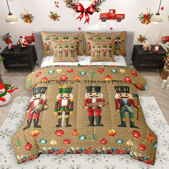 Homewish Xmas Nutcracker Soldier 7pcs Bedding Comforter Set,Colorful Christmas Ball Queen Bedding Sets,Happy New Year Queen Sheet Sets For Teens,Ultra Soft Home Decor Reversible