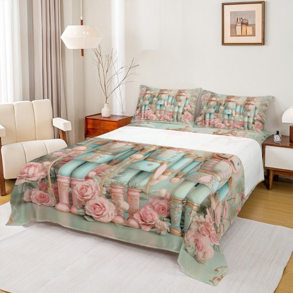 Homewish Xmas Nutcracker Soldier Twin Sheet Sets,Romantic Pink Rose Twin Fitted Sheet,Happy New Year Flat Sheet For Girl Teens,Breathable Home Decor,3-Piece