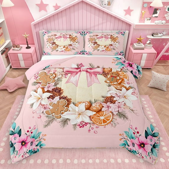 Homewish Xmas Pink Bowknot Girl 3-Piece Full Size Comforter Sets,Cartoon Gingerbread Man Bedding Comforter Set,Chic Festival Flower Lightweight Bedding Sets,Microfiber Bedroom Decor,Reversible