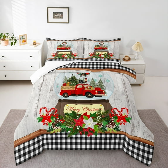 Homewish Xmas Red Truck 2pcs Bedding Comforter Set for Kids Children,Geometric Plaid Grid Twin Comforter Sets,Merry Christmas Breathable Bedding Set,Retro Vintage Bedroom Decor