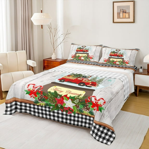 Homewish Xmas Red Truck 3pcs Twin Sheet Sets for Kids Children,Geometric Plaid Grid Twin Fitted Sheet,Merry Christmas Breathable Flat Sheet,Retro Vintage Bedroom Decor