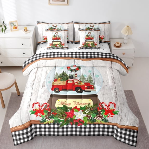 Homewish Xmas Red Truck 7 Pieces Bedding Comforter Set for Kids Children,Geometric Plaid Grid Full Bedding Set Lightweight,Merry Christmas Fitted Sheet Flat Sheet,Retro Vintage Bedroom Decor