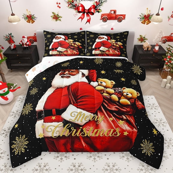 Homewish Xmas Santa Claus 3 Pieces Queen Comforter Set,Merry Christmas Snowflake Ultra Soft Bedding Sets,Happy New Year Bedding Comforter Set,Breathable Home Decor,Reversible