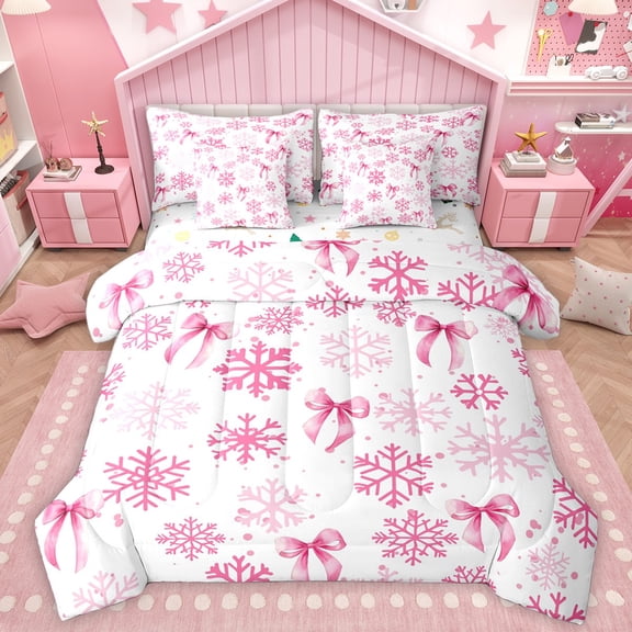 Homewish Xmas Snowflake 7-Piece Twin Bedding Sets For Teens Boys Girls,Cartoon Pink Bowknot Bedding Comforter Set,Merry Christmas Breathable Sheet Sets,Luxury Bedroom Decor,Reversible