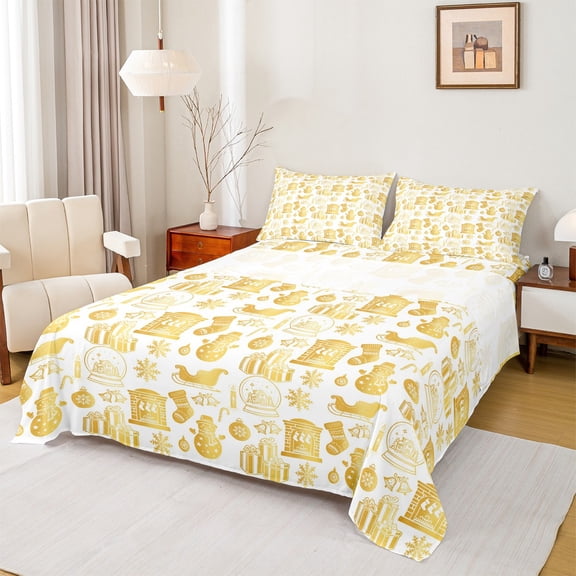 Homewish 4-Piece Xmas Snowflake Crystal Ball Christmas King Microfiber Bed Sheets