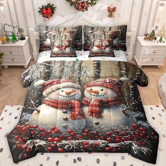 Homewish Xmas Snowman Bedding Comforter Set 7-Piece for Children Boys Girls,Merry Christmas King Bedding Sets,Happy New Year Ultra Soft Bed Sheets,Microfiber Bedroom Decor,Reversible