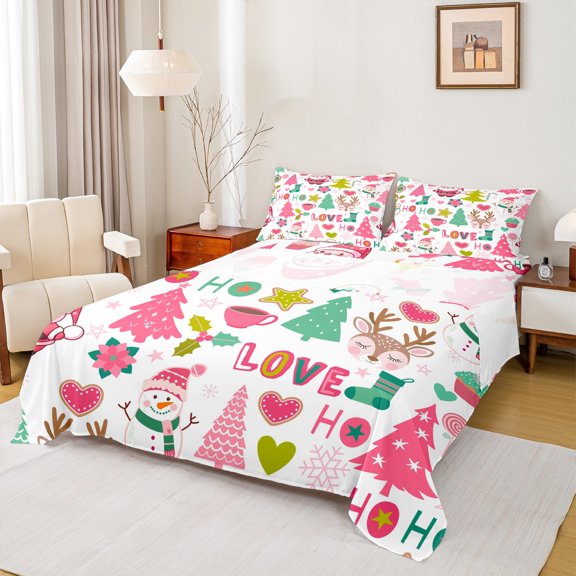 Homewish Xmas Snowman Santa Claus Twin Sheet Sets 3pcs for Teens Boys Girls,Christmas Tree Deer Twin Fitted Sheet Microfiber,Happy New Year Breathable Flat Sheet,Breathable Home Decor