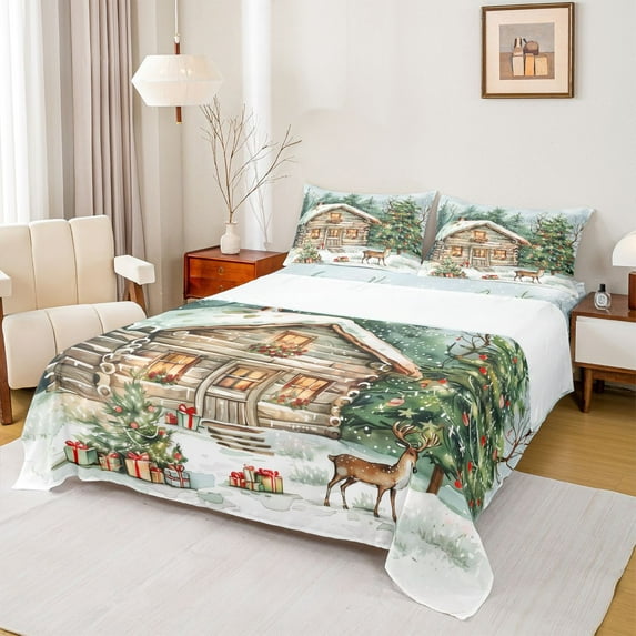 Homewish Queen 4-Piece Xmas Tree Deer Bed Sheet Set - Retro Rustic Cabin, Happy Xmas, Cozy