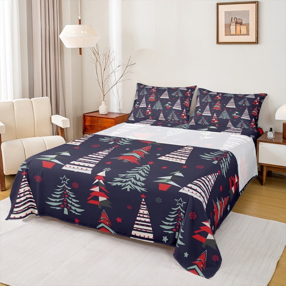 Homewish Xmas Tree Twin Sheet Sets 3pcs for Kids Children Teens,Happy New Year Twin Fitted Sheet Microfiber,Merry Christmas Breathable Flat Sheet,Breathable Home Decor